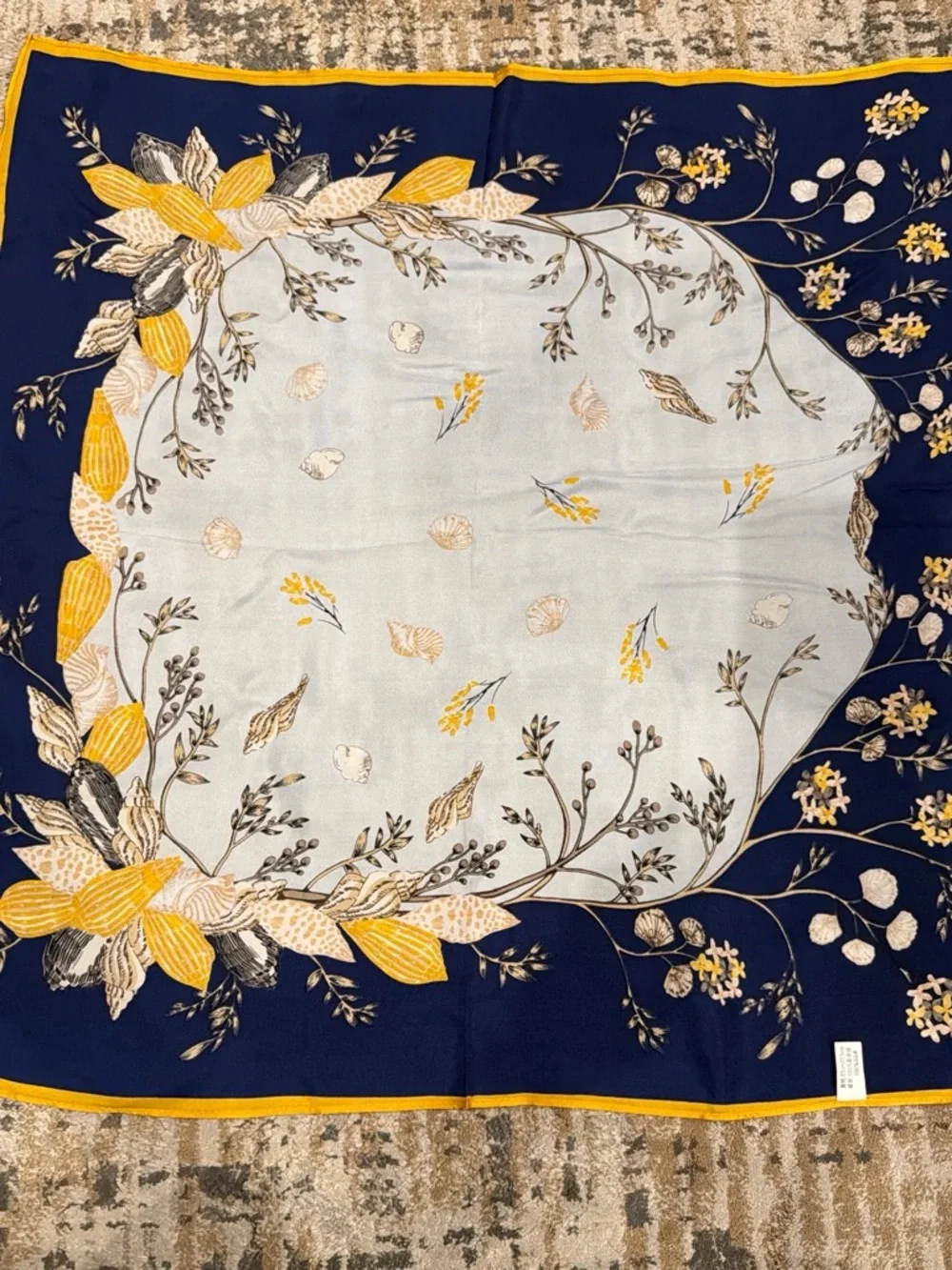 Silk Floral Print Scarf in Navy, Light Blue & Yellow